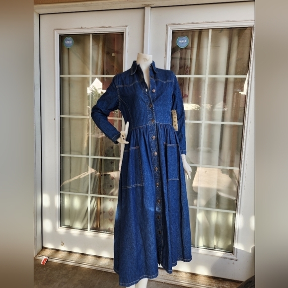 Vintage 80s Western Long Sleeve Denim Maxi Dress - Picture 2 of 7
